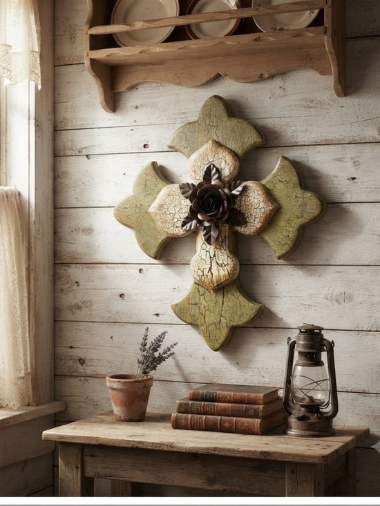 Other - Rustic Green and Brown Wall Cross Decor